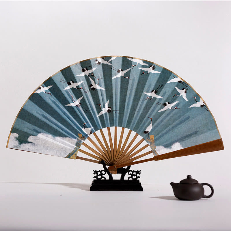 Ventilador plegable de bambú de mano con diseño de Buddha Stones, grullas y nubes auspiciosas, color sólido degradado. - image 11
