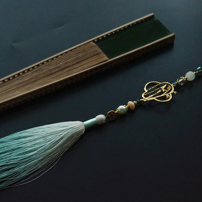 Buddha Stones Abanico plegable de bambú de mano con borlas y canalé hueco de seda verde oscuro - image 12