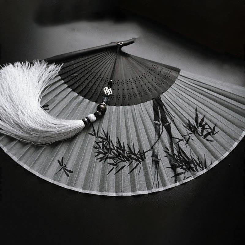 Buddha Stones Abanico plegable de bambú de mano de poliéster y tinta de bambú - image 7