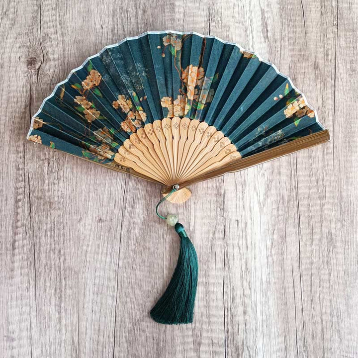 Abanico plegable de bambú de mano de seda Xiangyunsha con hojas de bambú y flores de caqui y piedras de Buddha Stones - Flor amarilla de 21 cm - image 0