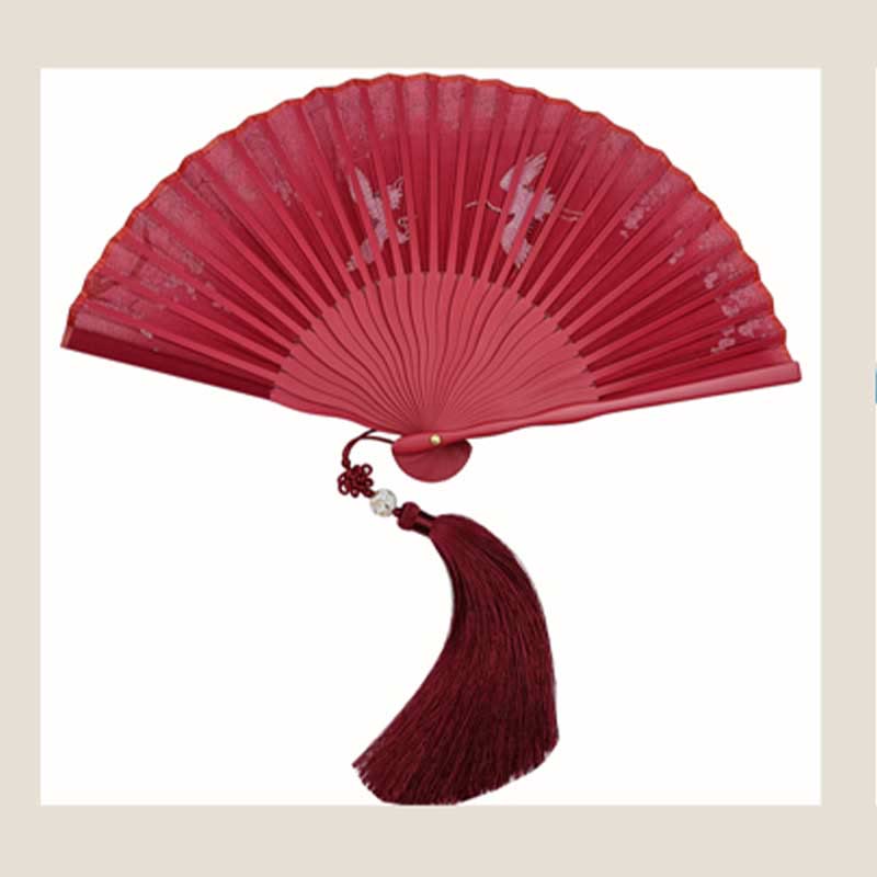 Abanico plegable de bambú y seda con diseño de grulla y ciruelo en flor y Buddha Stones