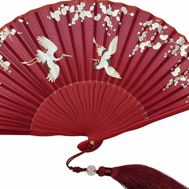 Abanico plegable de bambú y seda con diseño de grulla y ciruelo en flor y Buddha Stones
