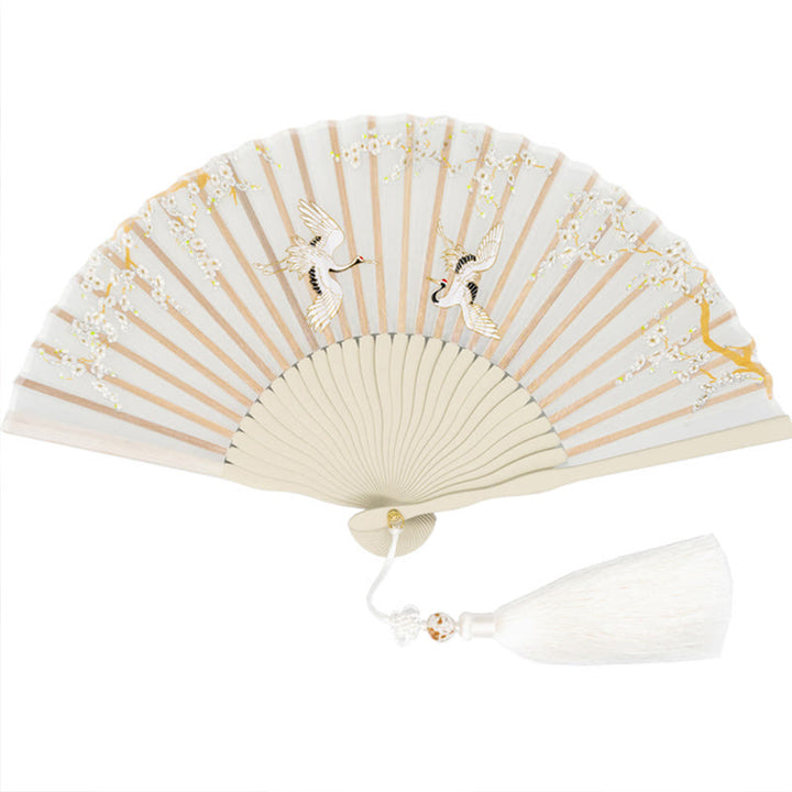 Abanico plegable de bambú y seda con diseño de grulla y ciruelo en flor y Buddha Stones