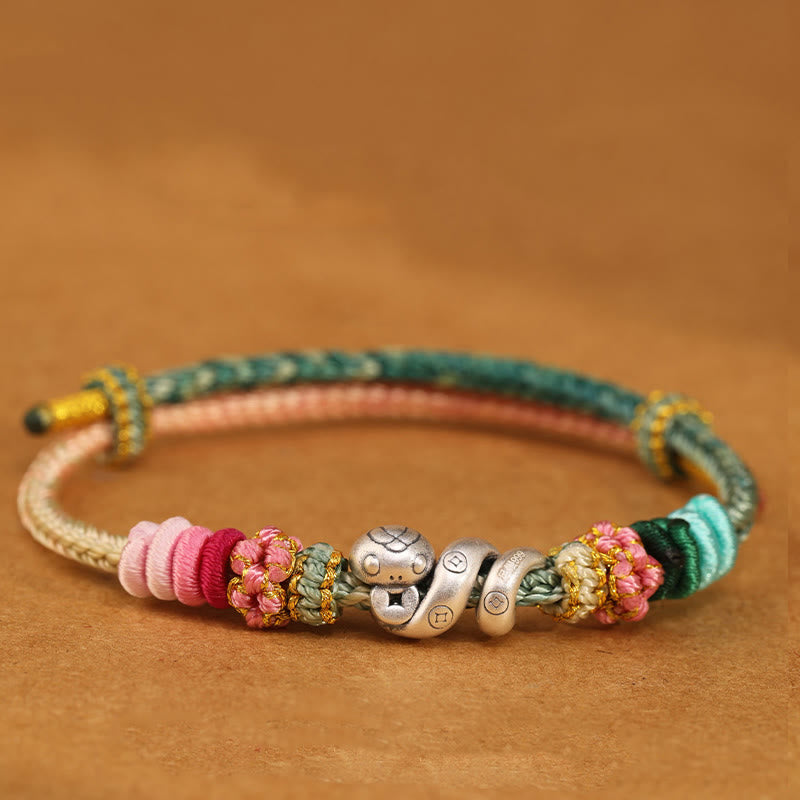 Pulsera trenzada de protección con monedas de cobre del año de la serpiente en plata de ley 999 con Buddha Stones