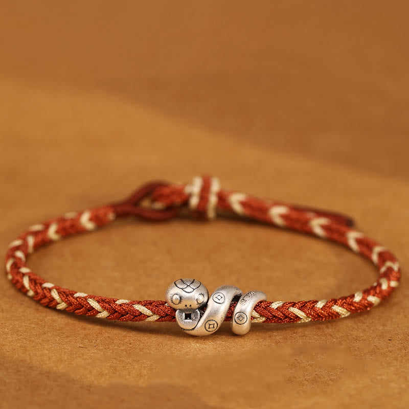 Pulsera trenzada de protección con monedas de cobre del año de la serpiente en plata de ley 999 con Buddha Stones