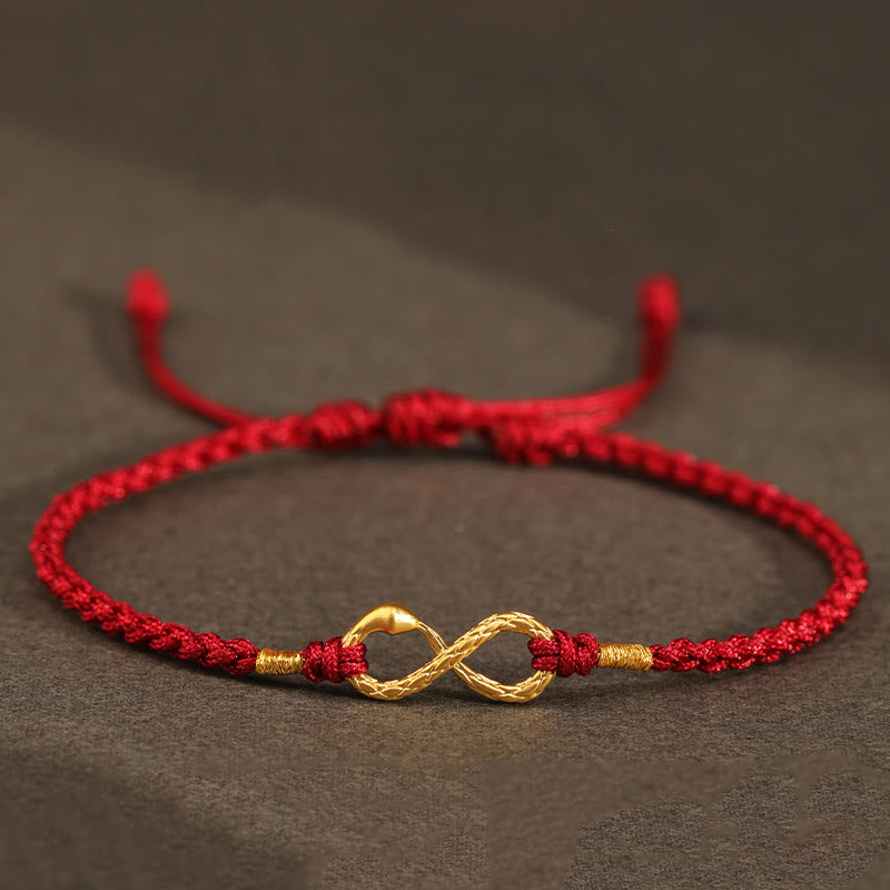 Pulsera de la suerte hecha a mano con nudo infinito eterno del año de la serpiente en oro 999 con Buddha Stones - Serpiente de oro 999 - Rojo oscuro (circunferencia de la muñeca 14-18 cm) - image 0
