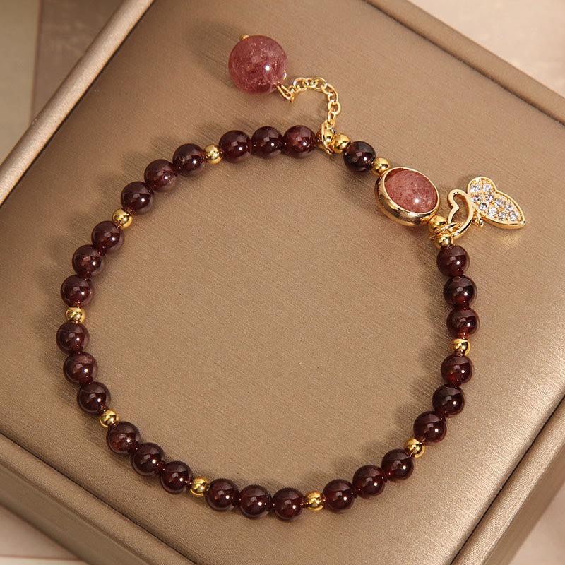 Pulsera de protección con forma de mariposa y cuarzo fresa y granate natural de Buddha Stones