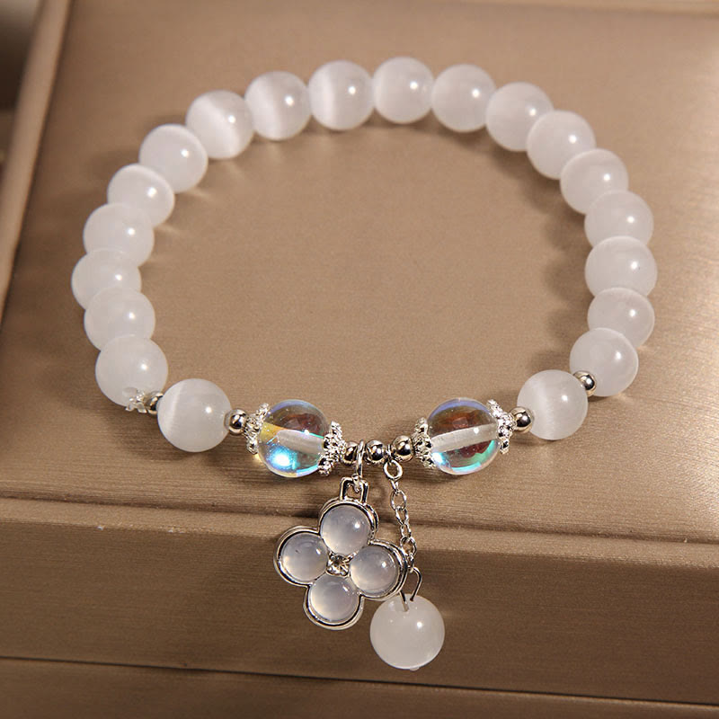 Pulsera con dije de trébol de cuatro hojas de la suerte y cristal de ojo de gato con Buddha Stones