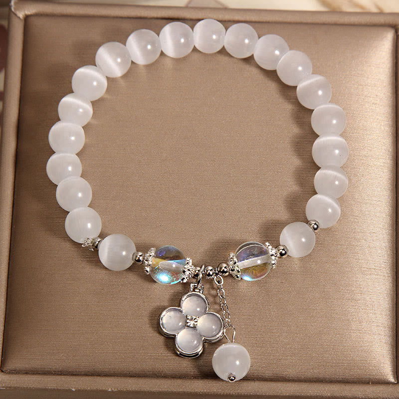 Pulsera con dije de trébol de cuatro hojas de la suerte y cristal de ojo de gato con Buddha Stones