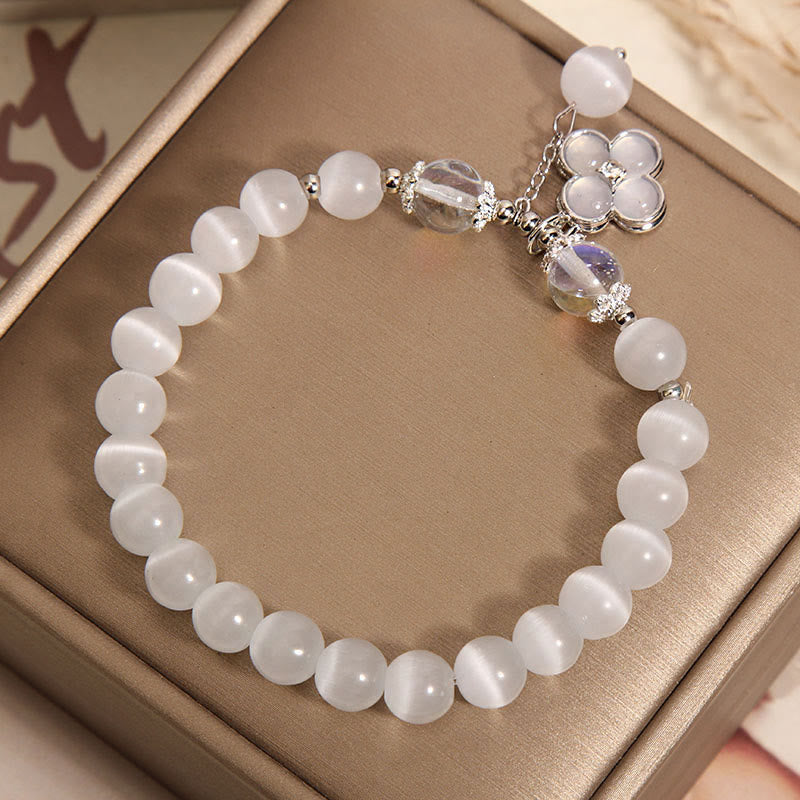 Pulsera con dije de trébol de cuatro hojas de la suerte y cristal de ojo de gato con Buddha Stones