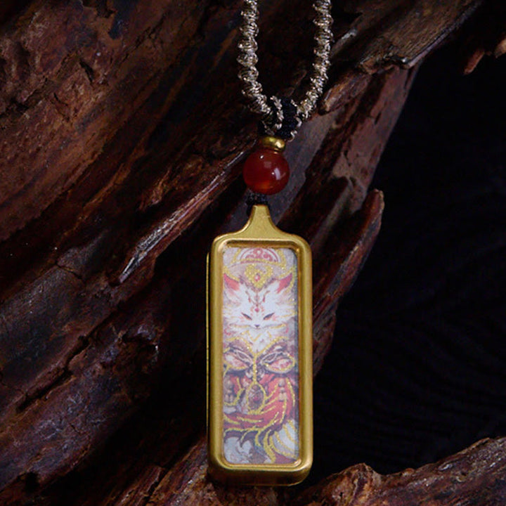 Colgante de collar Thangka de la calma pintado a mano con Buddha Stones, Tibet Zakiram, dios amarillo de la riqueza, zorro de nueve colas - Zorro de nueve colas - image 9
