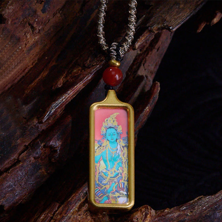 Colgante de collar Thangka de la calma pintado a mano con Buddha Stones, Tibet Zakiram, dios amarillo de la riqueza, zorro de nueve colas - Tara Verde - image 11