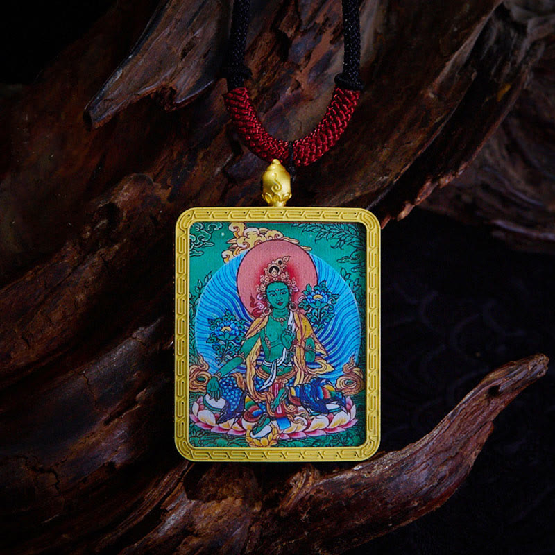 Colgante de collar con colgante de esperanza, Thangka pintado con Buddha Stones, zakiram tibetano, zorro de nueve colas, dios amarillo de la riqueza - Tara Verde - image 12