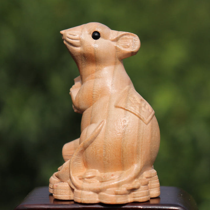 Estatua de madera de durazno con el símbolo Fu del zodiaco chino del año de la serpiente y Buddha Stones para decoración del hogar - Rata para la riqueza - Altura 11,5cm - image 4