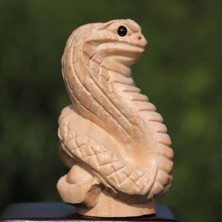 Estatua de madera de durazno con el símbolo Fu del zodiaco chino del año de la serpiente y Buddha Stones para decoración del hogar - Serpiente Cobra - Altura 11,5cm - image 3