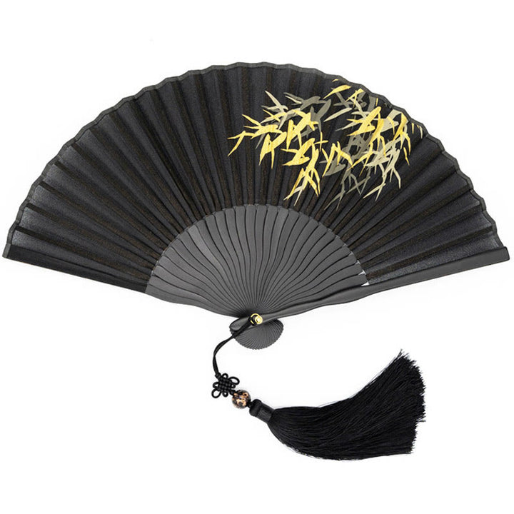 Abanico plegable de bambú de mano con estampado de hojas de bambú negro y Buddha Stones