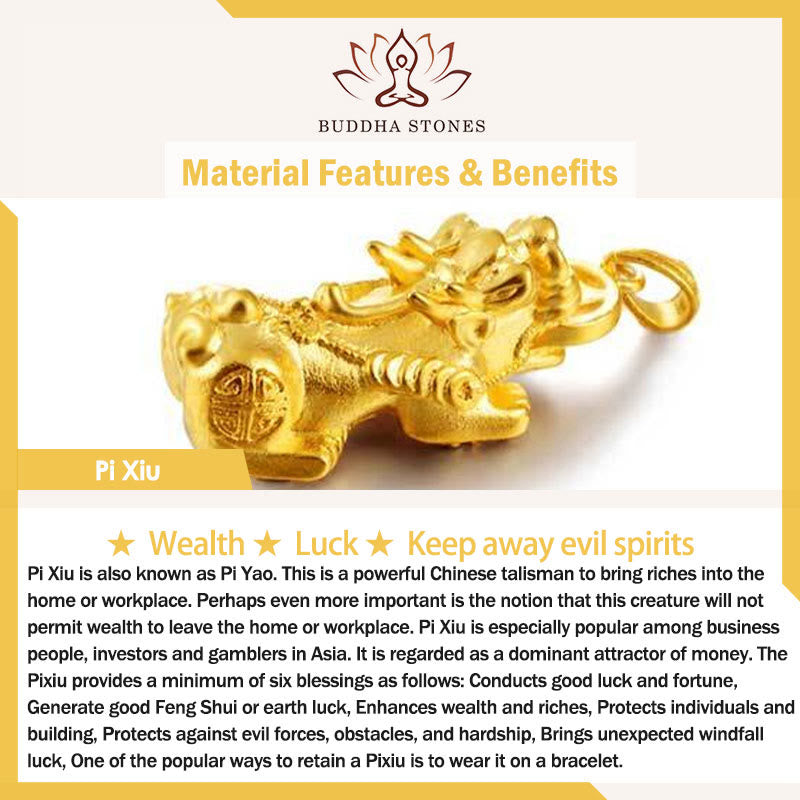 Buddha Stones 925 bañada en oro de 24 k con cuentas de cristal de Liuli y trébol de cuatro hojas PiXiu, alegría y felicidad