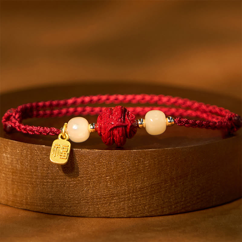 Pulsera de cuerda de la suerte con carácter de Jade Hetian del zodíaco chino cinabrio Natural de Buddha Stones