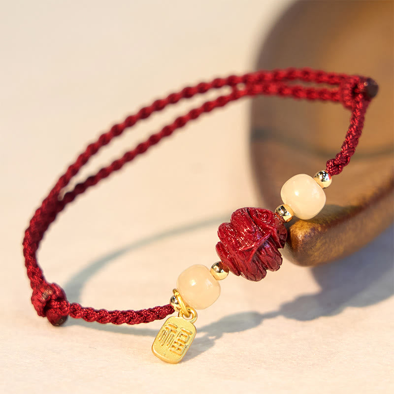 Pulsera de cuerda de la suerte con carácter de Jade Hetian del zodíaco chino cinabrio Natural de Buddha Stones