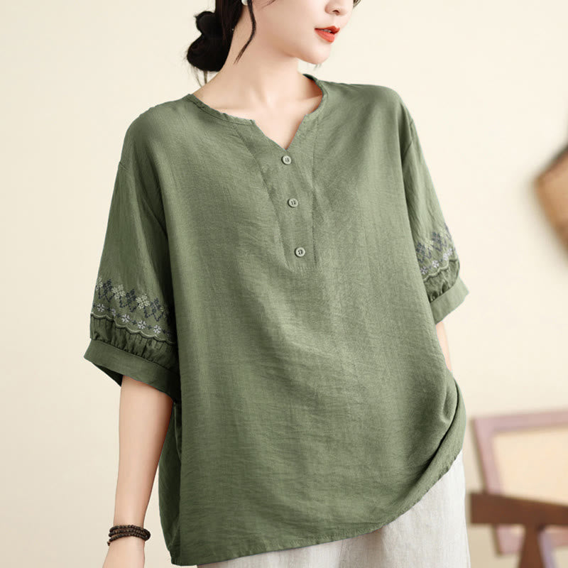 Camiseta Vintage de Algodón y Lino con Diseño de Bordado de Manga Media Buddha Stones - Verde mar oscuro - US4-6, UK/AU8-10, EU36-38 (F) - image 0
