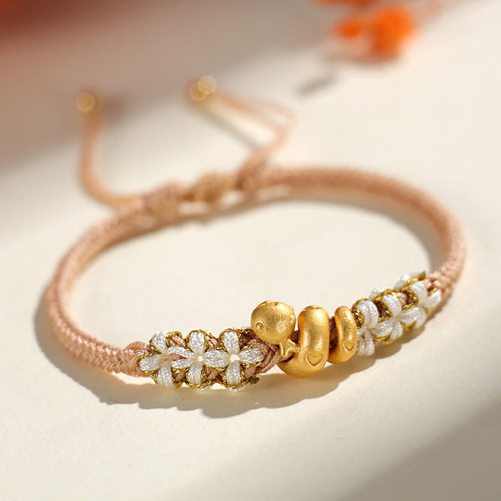 Pulsera de la suerte con forma de corazón y flor de durazno con hilo rojo del año de la serpiente en plata de ley 999 hecha a mano con Buddha Stones