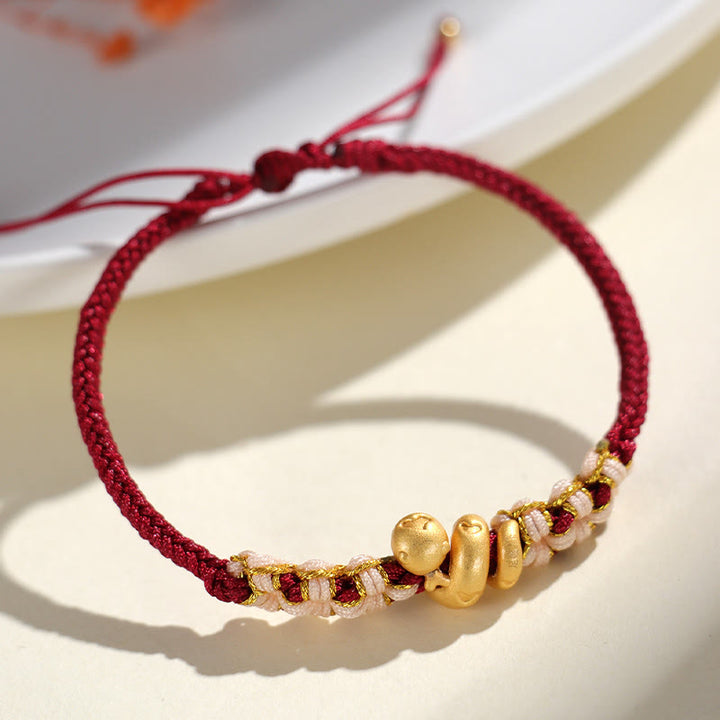 Pulsera de la suerte con forma de corazón y flor de durazno con hilo rojo del año de la serpiente en plata de ley 999 hecha a mano con Buddha Stones