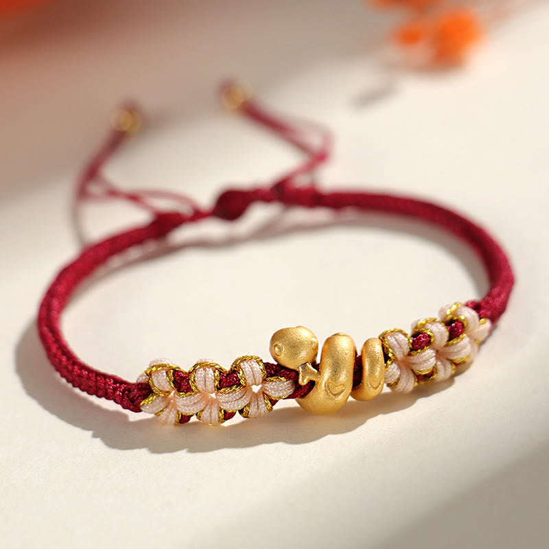 Pulsera de la suerte con forma de corazón y flor de durazno con hilo rojo del año de la serpiente en plata de ley 999 hecha a mano con Buddha Stones