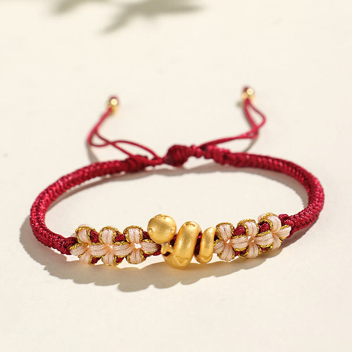 Pulsera de la suerte con forma de corazón y flor de durazno con hilo rojo del año de la serpiente en plata de ley 999 hecha a mano con Buddha Stones