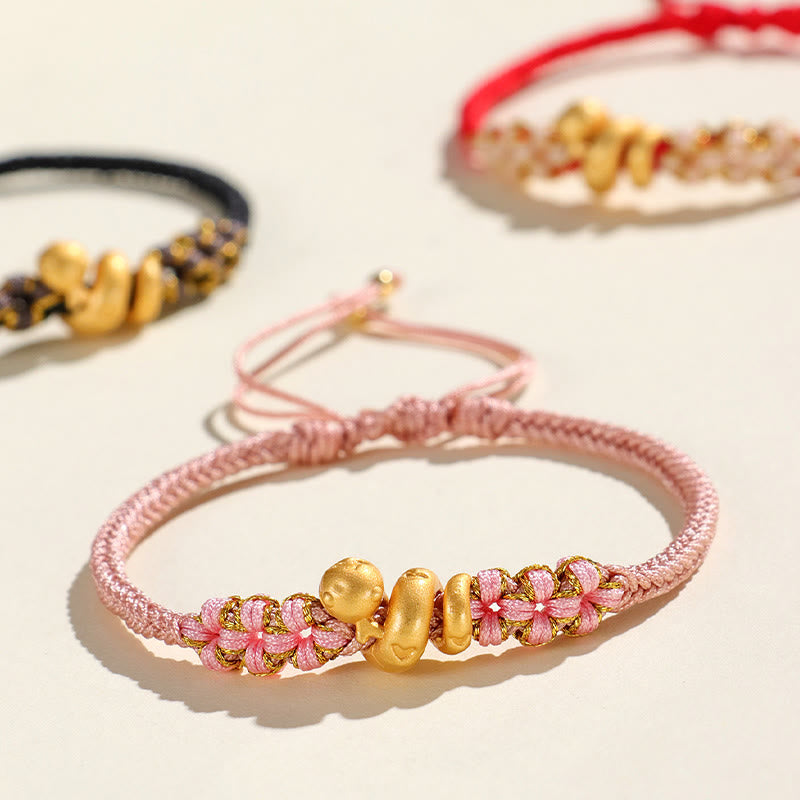 Pulsera de la suerte con forma de corazón y flor de durazno con hilo rojo del año de la serpiente en plata de ley 999 hecha a mano con Buddha Stones - image 1