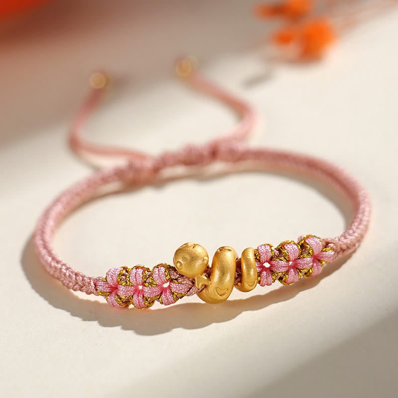 Pulsera de la suerte con forma de corazón y flor de durazno con hilo rojo del año de la serpiente en plata de ley 999 hecha a mano con Buddha Stones