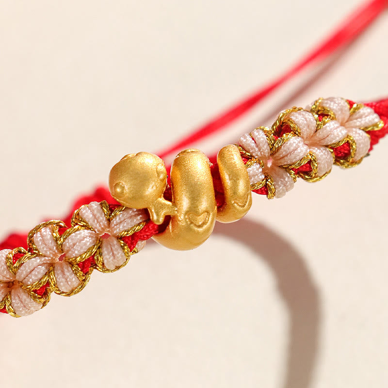 Pulsera de la suerte con forma de corazón y flor de durazno con hilo rojo del año de la serpiente en plata de ley 999 hecha a mano con Buddha Stones