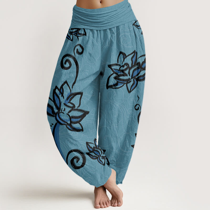 Pantalones harén con cintura elástica para mujer, diseño informal de nubes auspiciosas y Buddha Stones - Turquesa medio - US22，UK/AU26，EU54 (6XL) - image 5