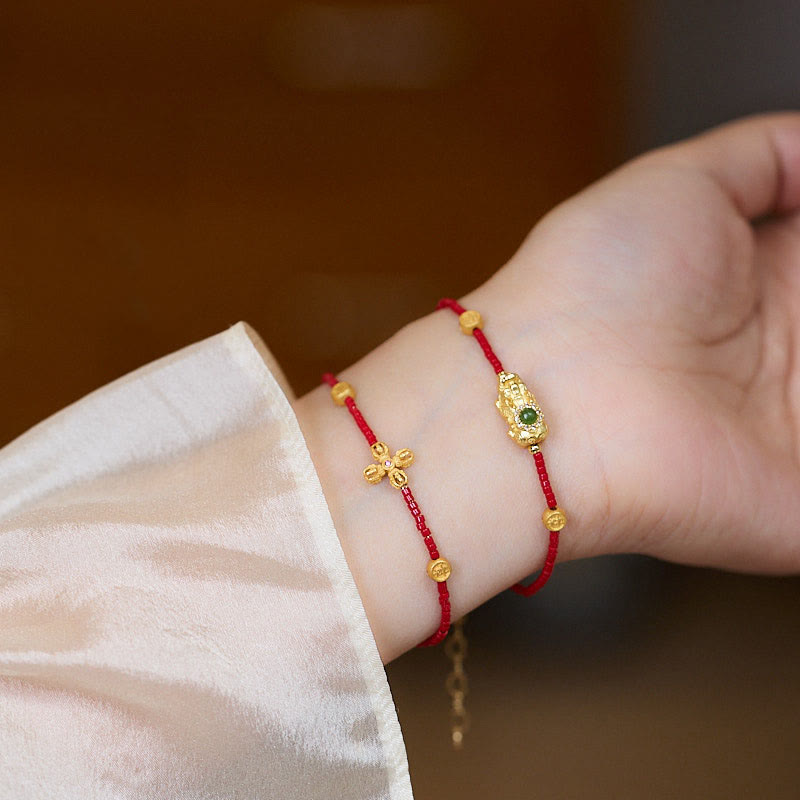 Buddha Stones 925 bañada en oro de 24 k con cuentas de cristal de Liuli y trébol de cuatro hojas PiXiu, alegría y felicidad - Trébol Liuli de plata de ley 925 bañado en oro de 24 k (circunferencia de la muñeca: 14-16 cm) - image 0