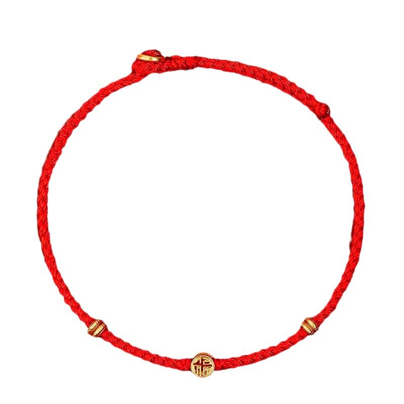 Pulsera de la suerte con el personaje Fu hecha a mano con hilo rojo trenzado y piedras de Buddha Stones en plata de ley 925