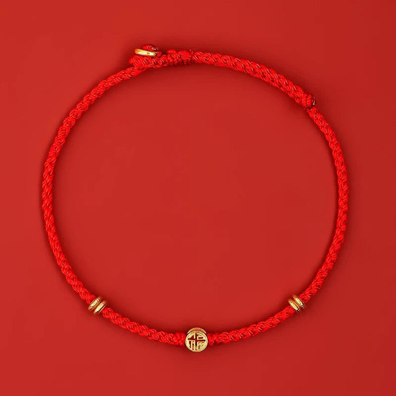 Pulsera de la suerte con el personaje Fu hecha a mano con hilo rojo trenzado y piedras de Buddha Stones en plata de ley 925