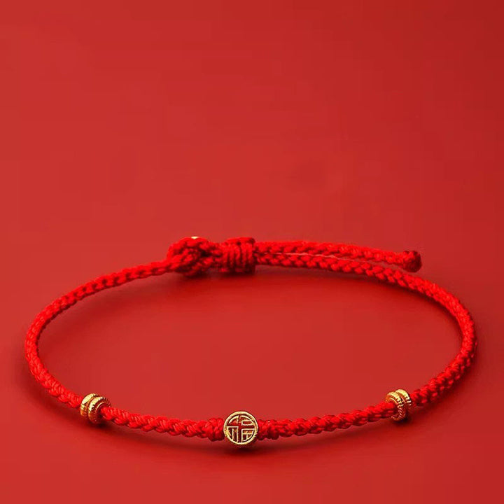 Pulsera de la suerte con el personaje Fu hecha a mano con hilo rojo trenzado y piedras de Buddha Stones en plata de ley 925
