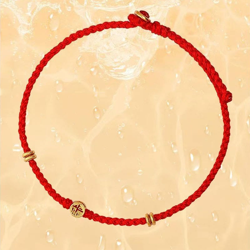 Pulsera de la suerte con el personaje Fu hecha a mano con hilo rojo trenzado y piedras de Buddha Stones en plata de ley 925