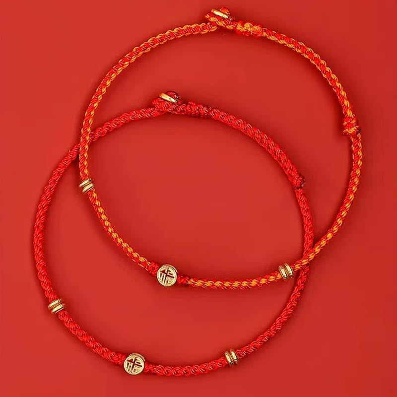 Pulsera de la suerte con el personaje Fu hecha a mano con hilo rojo trenzado y piedras de Buddha Stones en plata de ley 925 - image 1