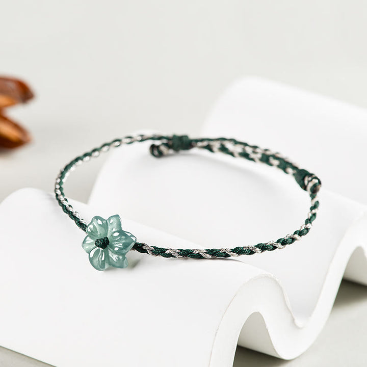 Pulsera de prosperidad trenzada con orquídea de jade y hilo verde hecha a mano con Buddha Stones