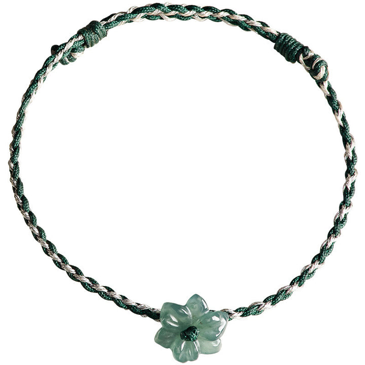Pulsera de prosperidad trenzada con orquídea de jade y hilo verde hecha a mano con Buddha Stones
