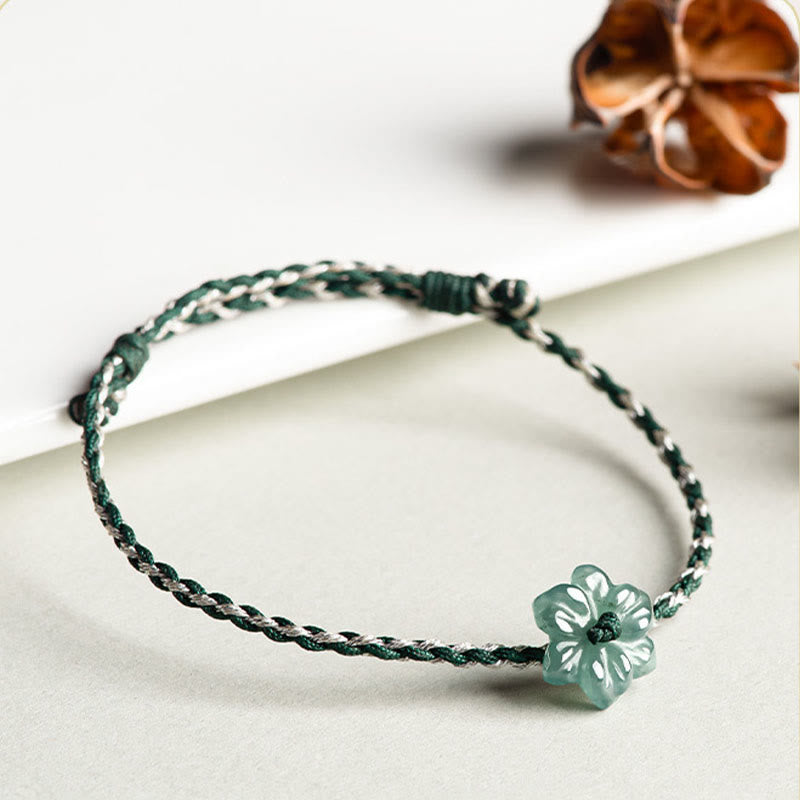 Pulsera de prosperidad trenzada con orquídea de jade y hilo verde hecha a mano con Buddha Stones