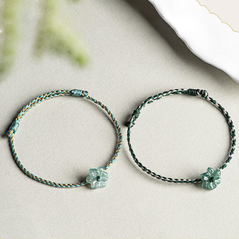 Pulsera de prosperidad trenzada con orquídea de jade y hilo verde hecha a mano con Buddha Stones