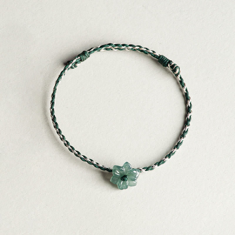 Pulsera de prosperidad trenzada con orquídea de jade y hilo verde hecha a mano con Buddha Stones