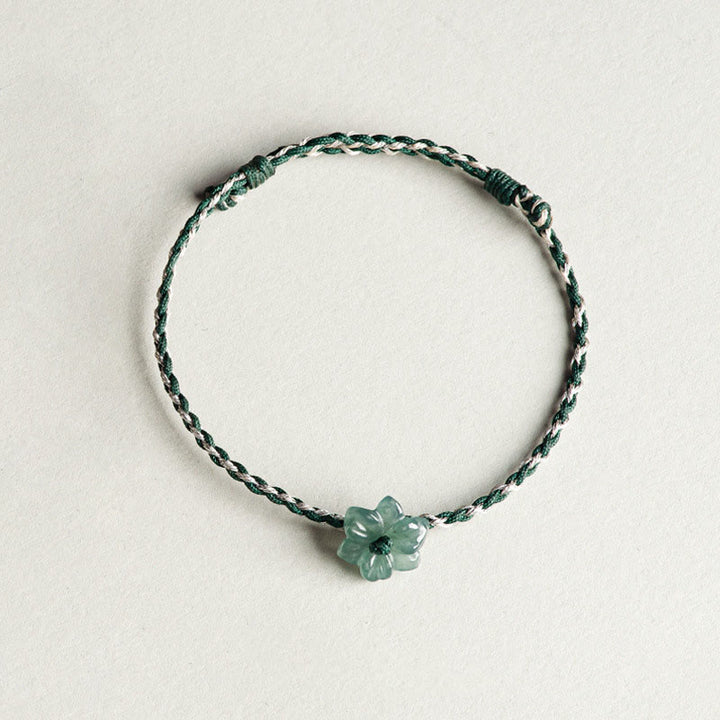 Pulsera de prosperidad trenzada con orquídea de jade y hilo verde hecha a mano con Buddha Stones