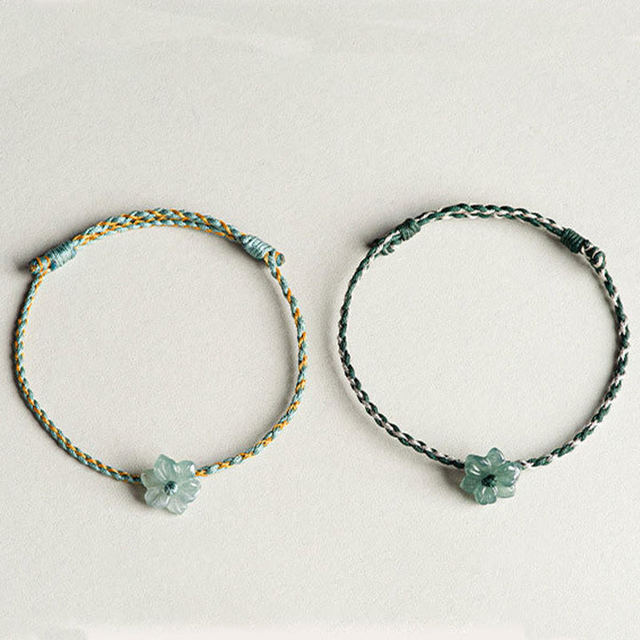 Pulsera de prosperidad trenzada con orquídea de jade y hilo verde hecha a mano con Buddha Stones