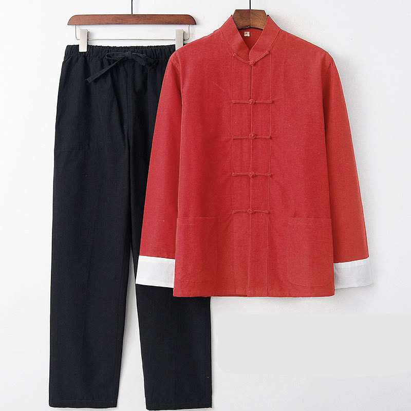 Conjunto de 2 piezas de camisa y pantalones de manga larga de algodón con botones de rana para hombre con Buddha Stones - Manga roja y blanca - US/UK/AU46, EU56 (5XL) - image 2