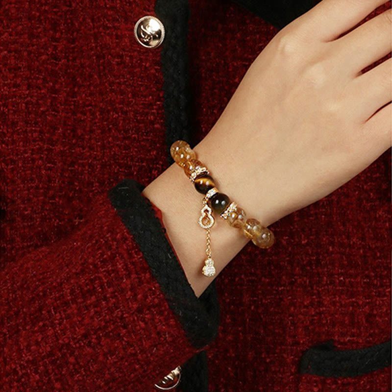 Pulsera de fuerza con calabaza de la suerte y cuentas de citrino y ojo de tigre natural de Buddha Stones