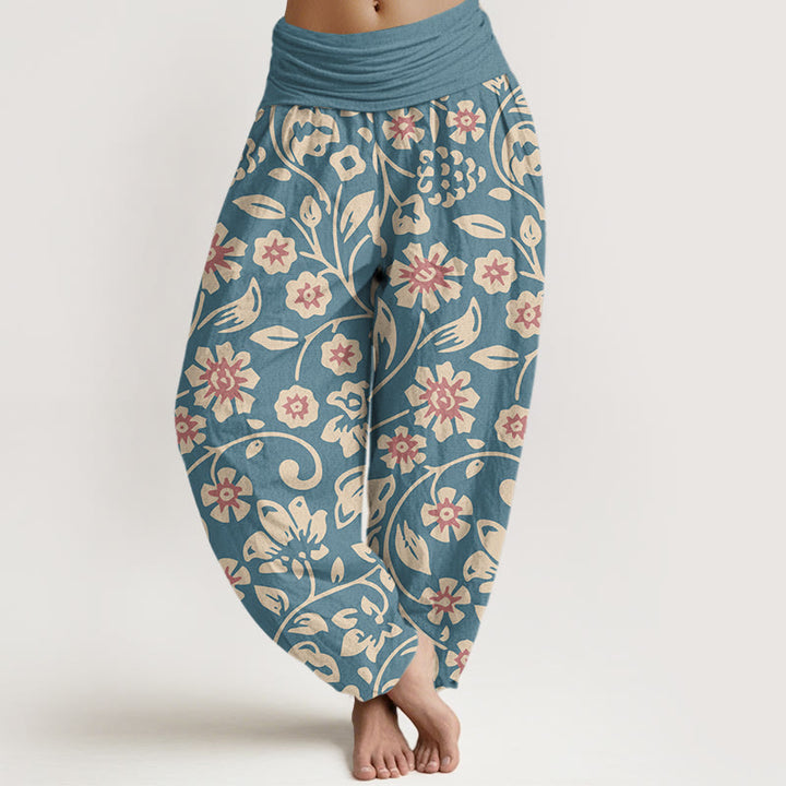 Pantalones harén con cintura elástica para mujer, diseño informal de flores rosas y beige y uvas, con Buddha Stones