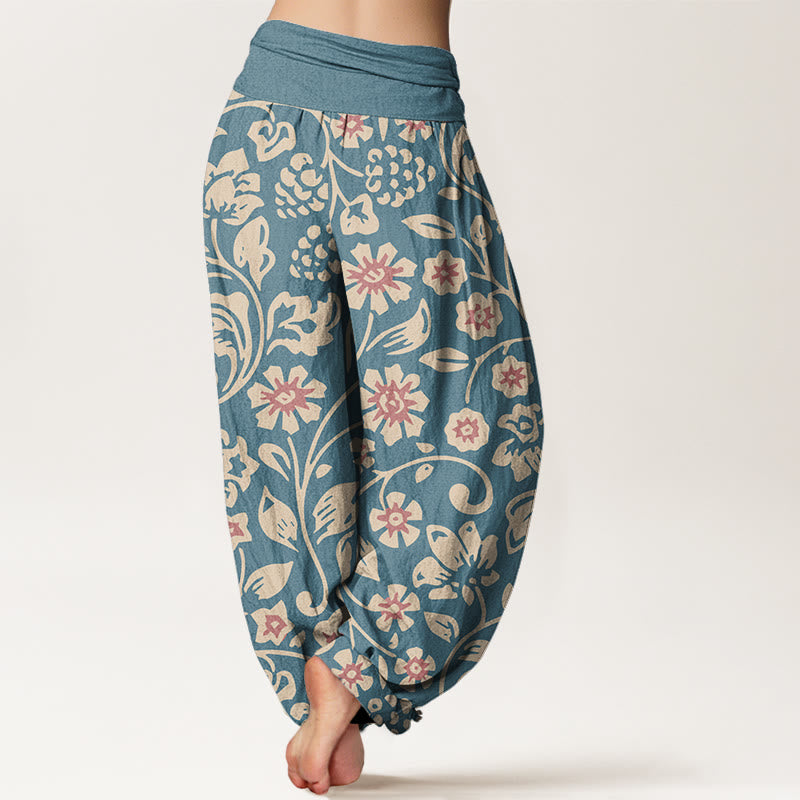Pantalones harén con cintura elástica para mujer, diseño informal de flores rosas y beige y uvas, con Buddha Stones