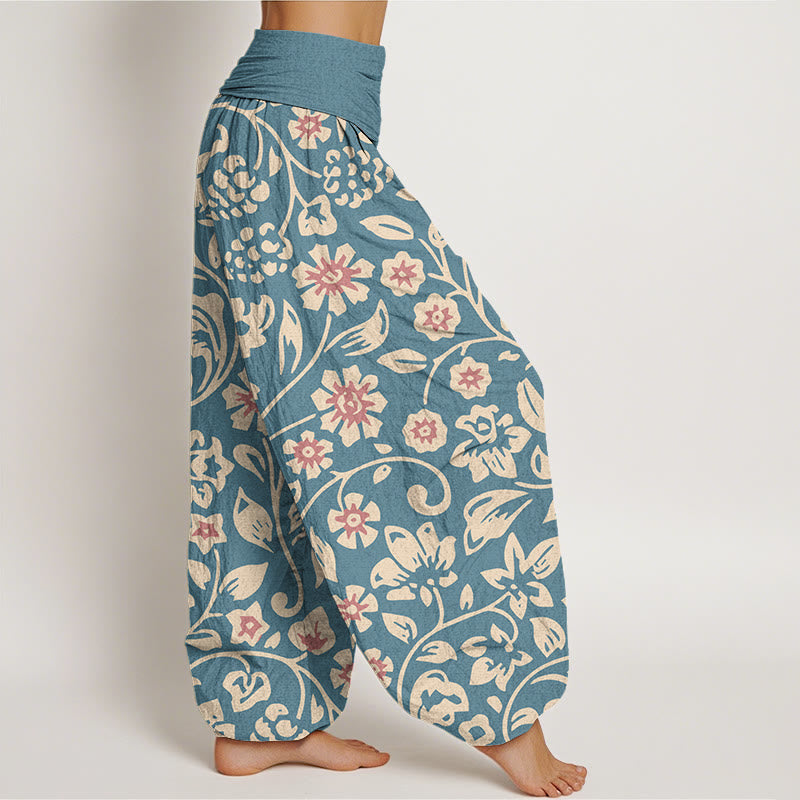 Pantalones harén con cintura elástica para mujer, diseño informal de flores rosas y beige y uvas, con Buddha Stones
